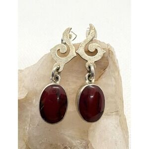Mexican Alpaca Silver Dangle Earrings Red Jasper Signed Mexico Tribal Style